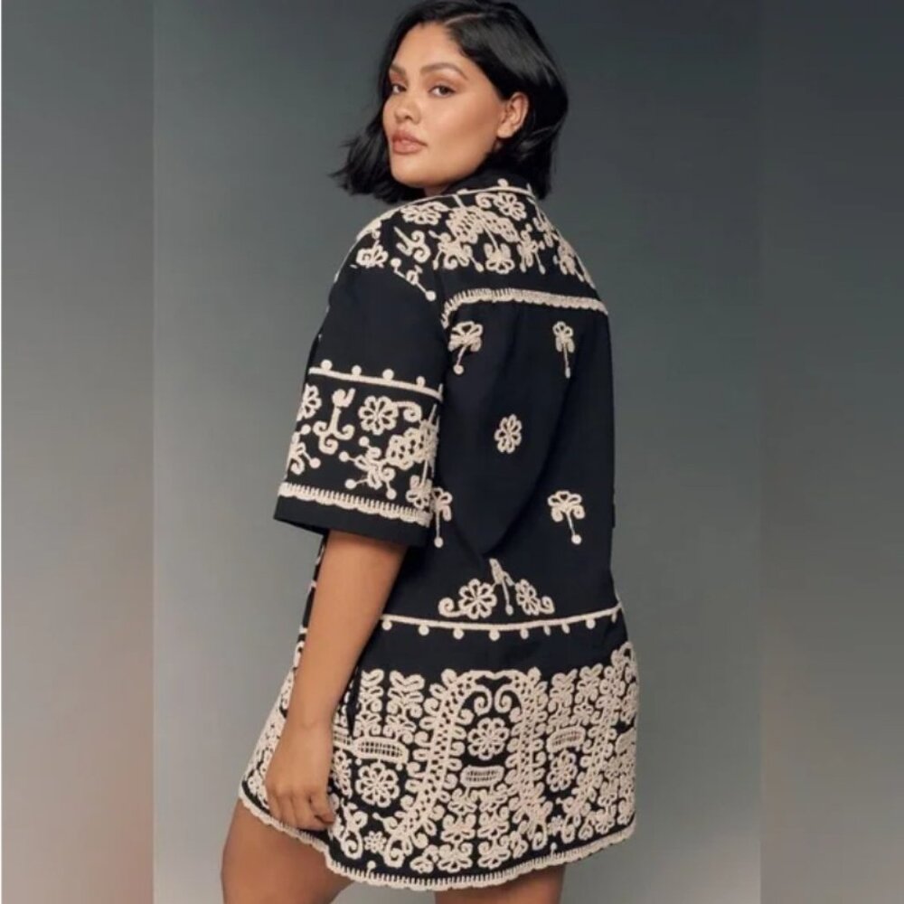 Maeve Anthropologie Black Short Sleeve Embroidered Collared Mini Shirt Dress - Picture 3 of 10